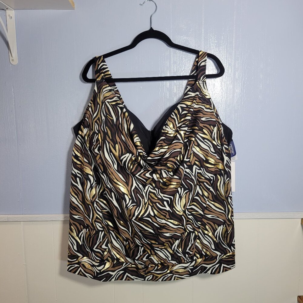 Swimsuits For All 46DDD Brown Gold Built-in-Bra Colorful Bathing Suit Top NWT